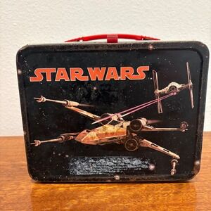 Vintage 1977 Star Wars Thermos Metal Lunch Box Black Red Space Art Sci-Fi Ships